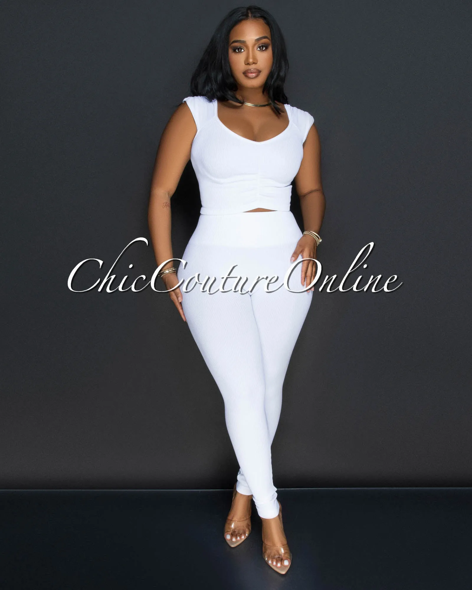 Benice White Crop Top & Leggings Ribbed Sculpting Set sold by Chic Couture