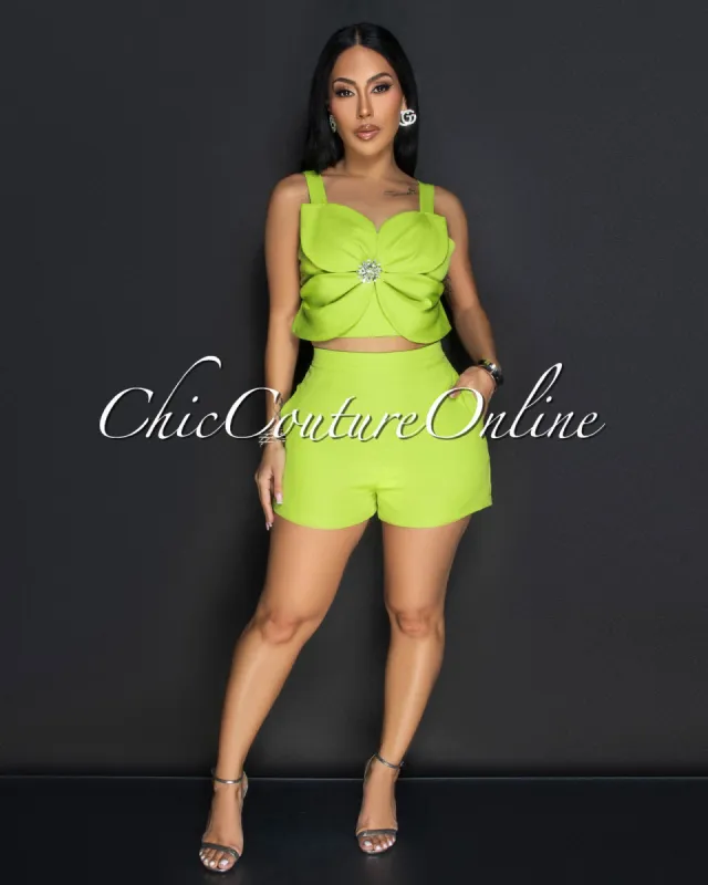 Ilona Lime Rhinestones Flower Crop Top & Shorts Set sold by Chic Couture