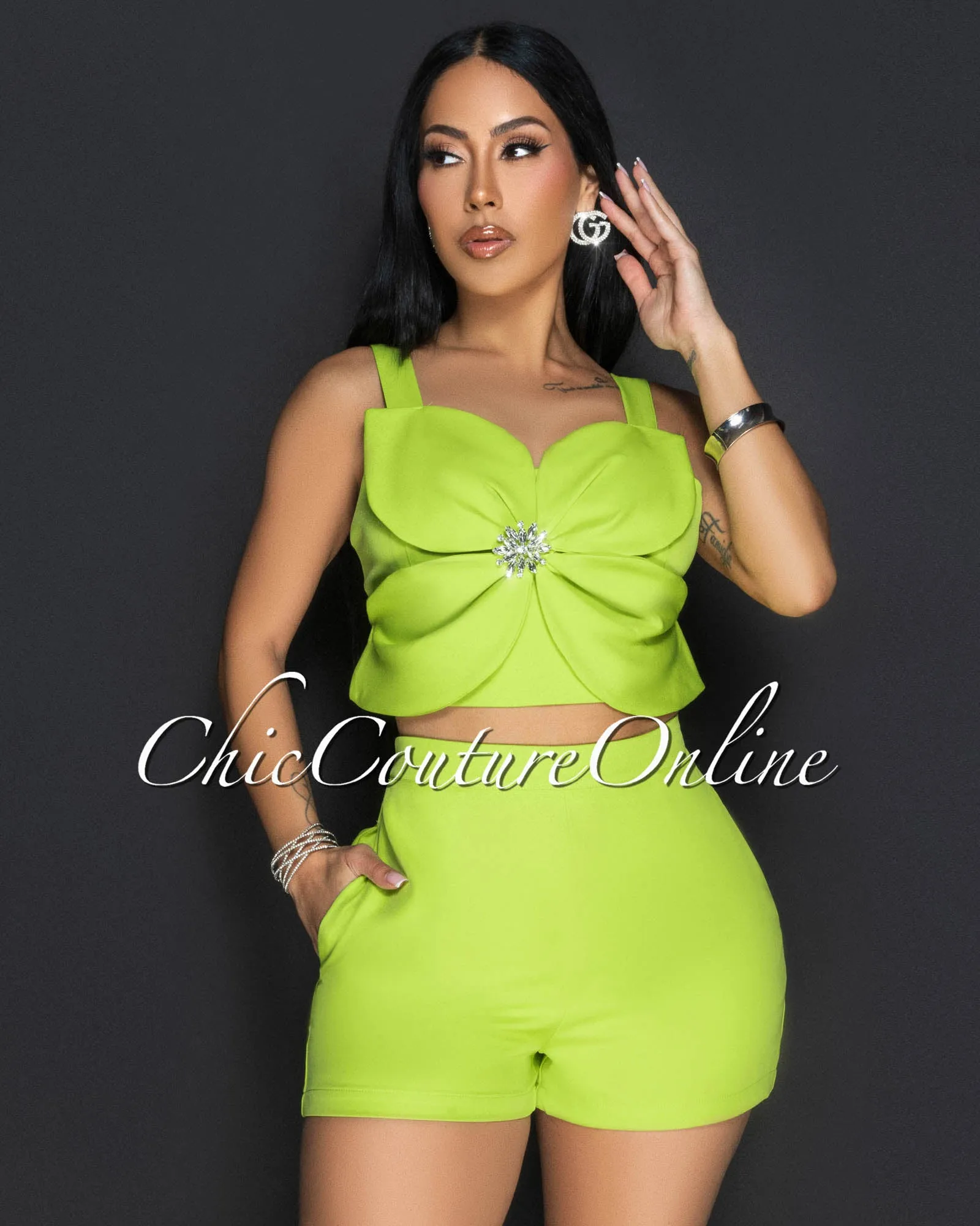 Ilona Lime Rhinestones Flower Crop Top & Shorts Set sold by Chic Couture product image thumbnail 2