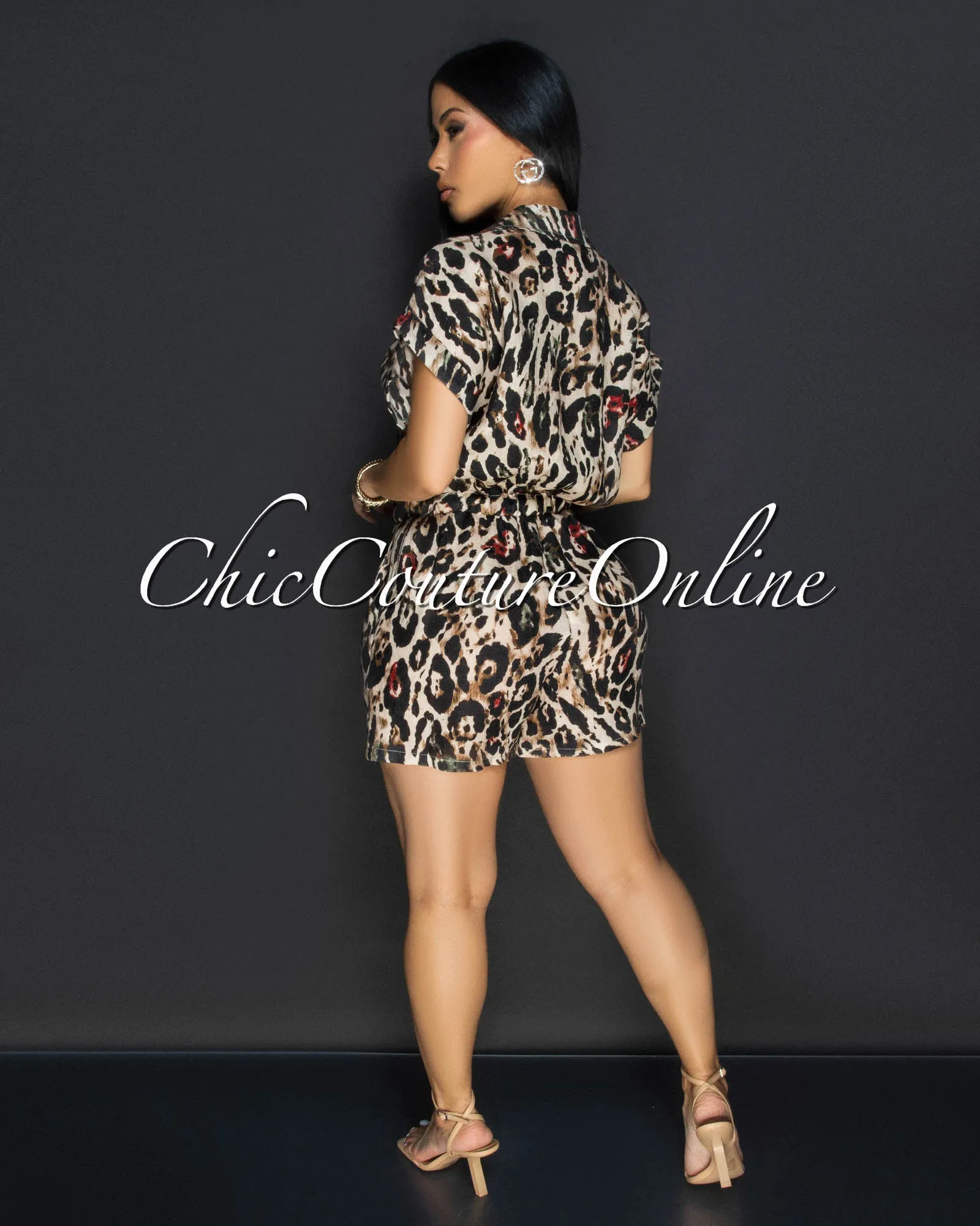 Moren Brown Leopard Print Linen Romper sold by Chic Couture product image thumbnail 3