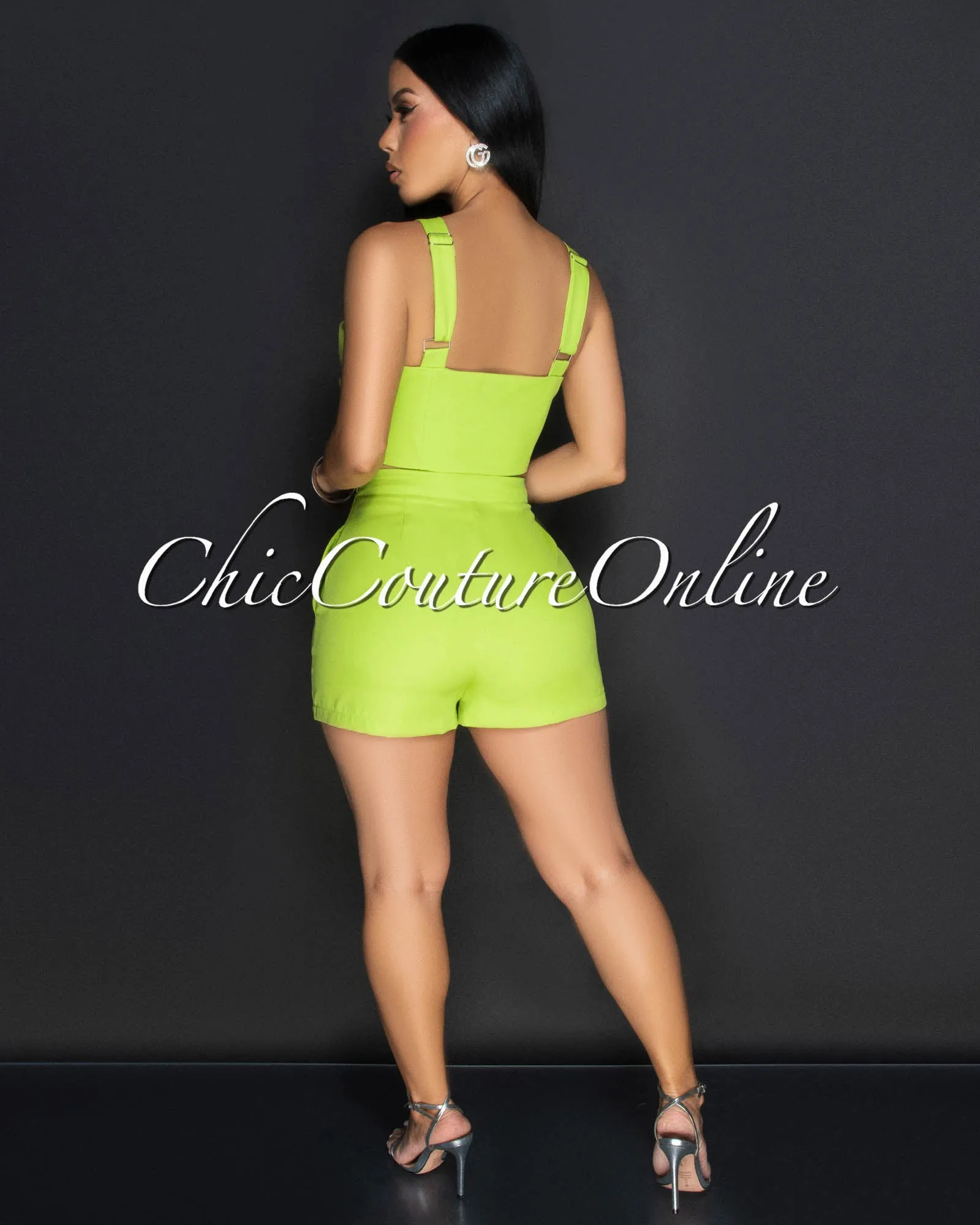 Ilona Lime Rhinestones Flower Crop Top & Shorts Set sold by Chic Couture product image thumbnail 3