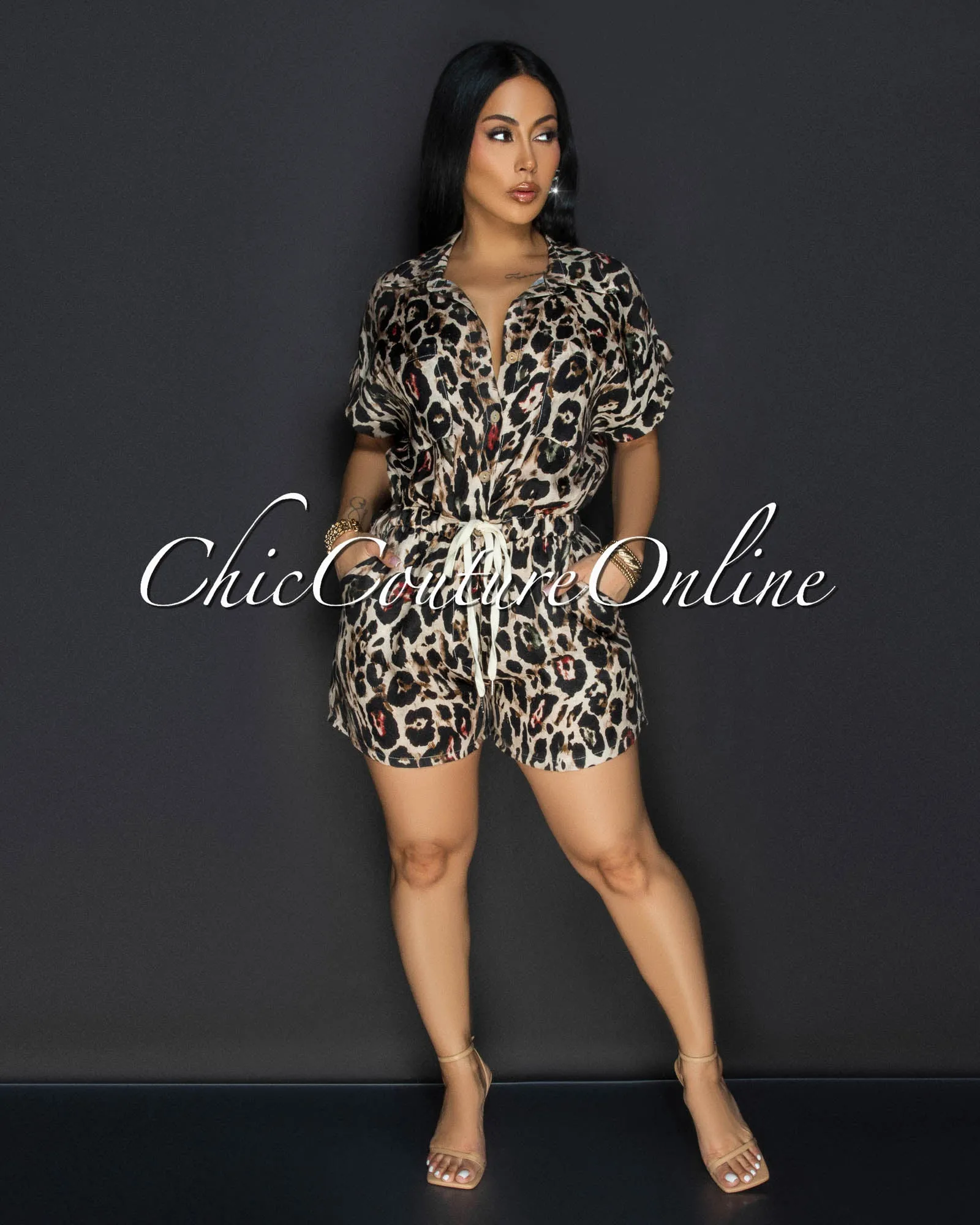 Moren Brown Leopard Print Linen Romper sold by Chic Couture product image thumbnail 2