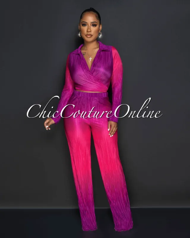 Sonia Magenta Ombre Ribbed Crop Top & Wide Pants Set sold by Chic Couture