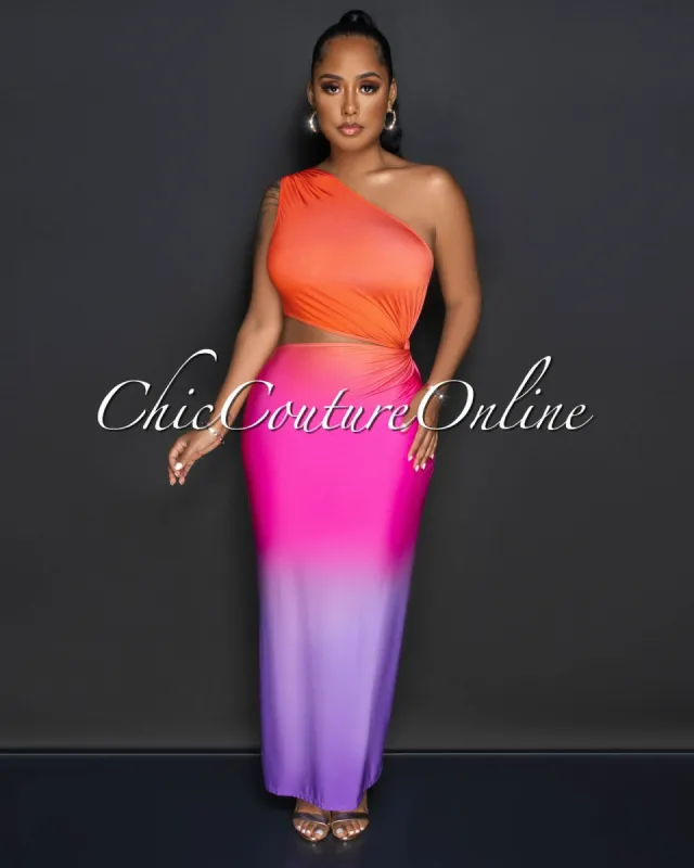 Ulicia Orange Lilac Ombre Single Shoulder Cut-Out Midi Dress sold by Chic Couture
