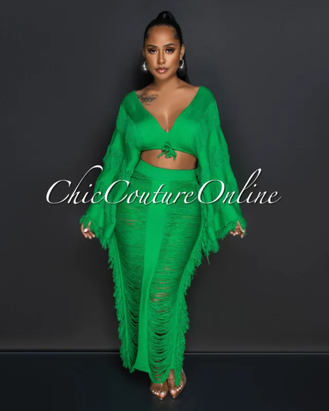 *Selma Green Crochet Crop Top & Maxi Skirt Fringe Set sold by Chic Couture