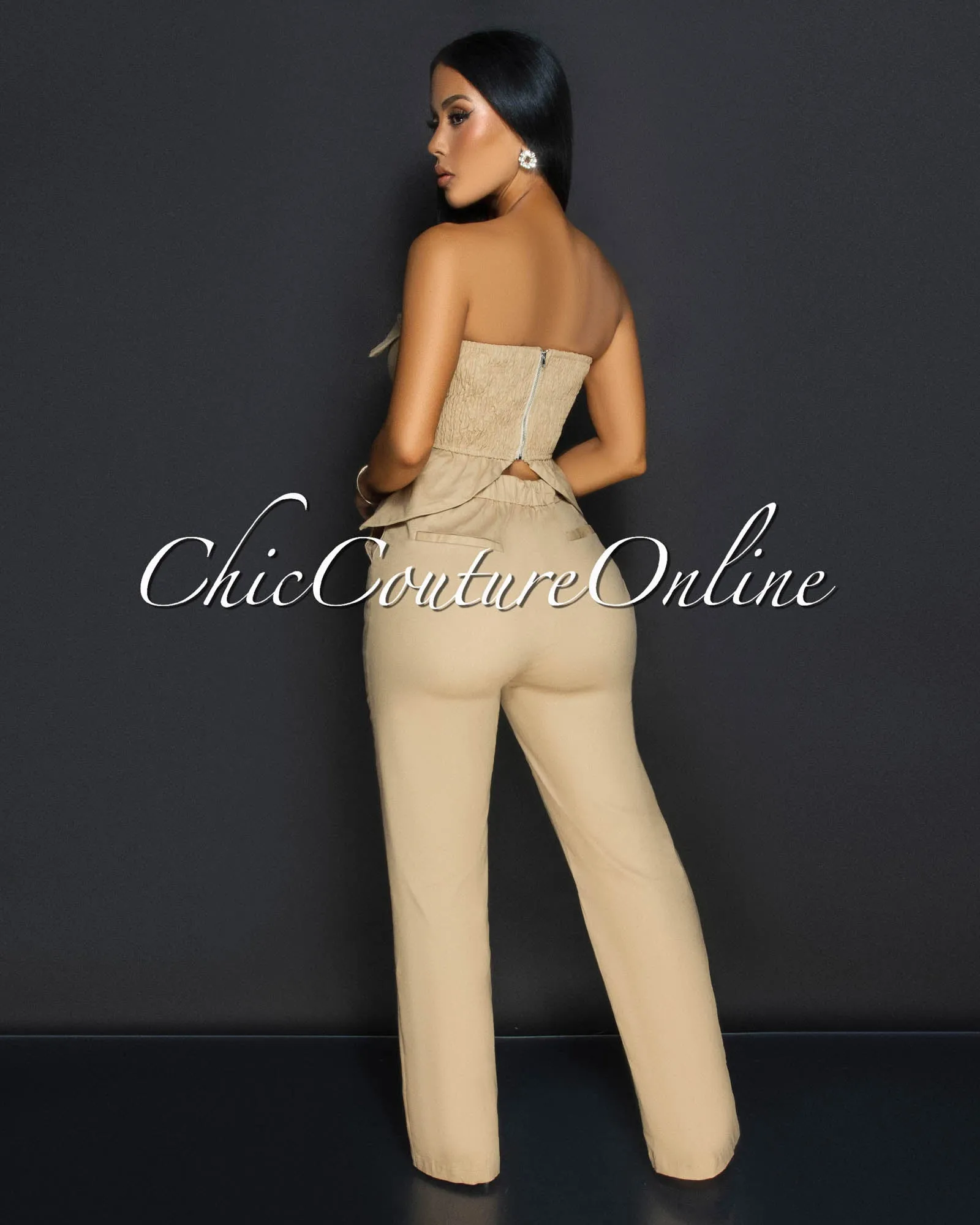 Ilary Khaki Strapless Peplum Top & Pants Set sold by Chic Couture product image thumbnail 4
