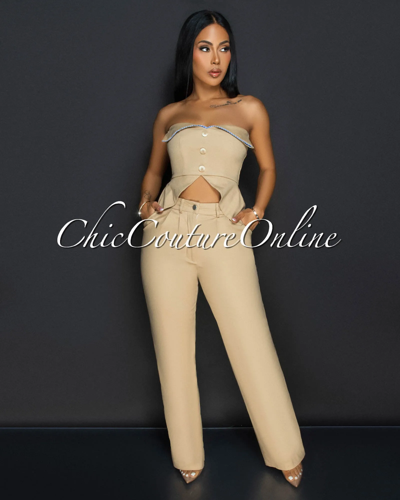 Ilary Khaki Strapless Peplum Top & Pants Set sold by Chic Couture product image thumbnail 3