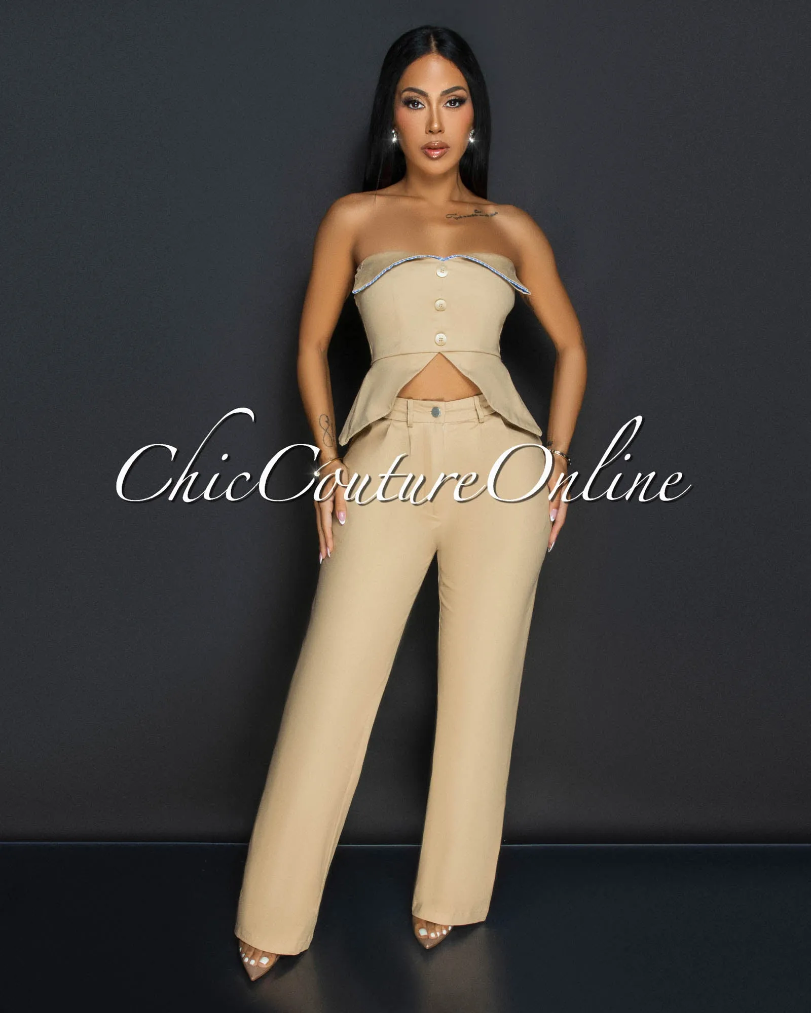Ilary Khaki Strapless Peplum Top & Pants Set sold by Chic Couture
