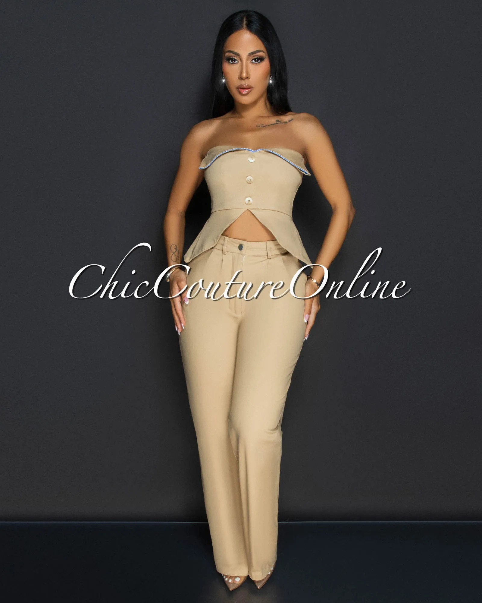 Ilary Khaki Strapless Peplum Top & Pants Set sold by Chic Couture product image thumbnail 2