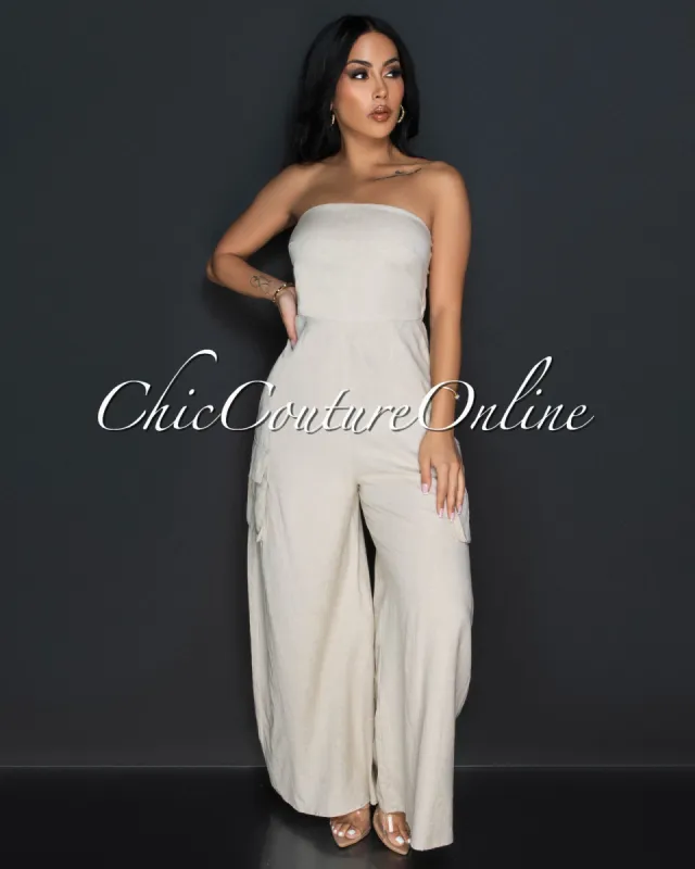 Bray Beige Strapless Linen Cargo Wide Legs Jumpsuit sold by Chic Couture