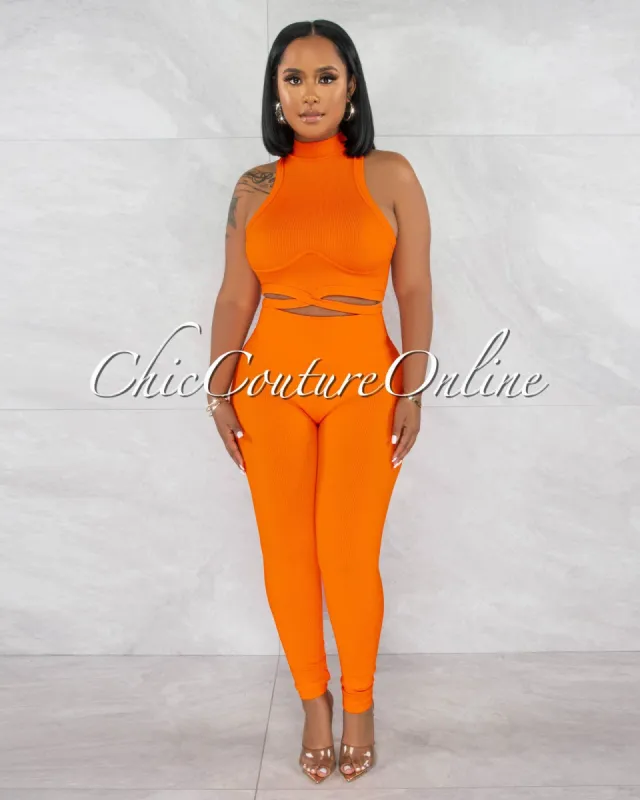 Gania Orange Ribbed Tie Top & Leggings Sculpting Set sold by chic
