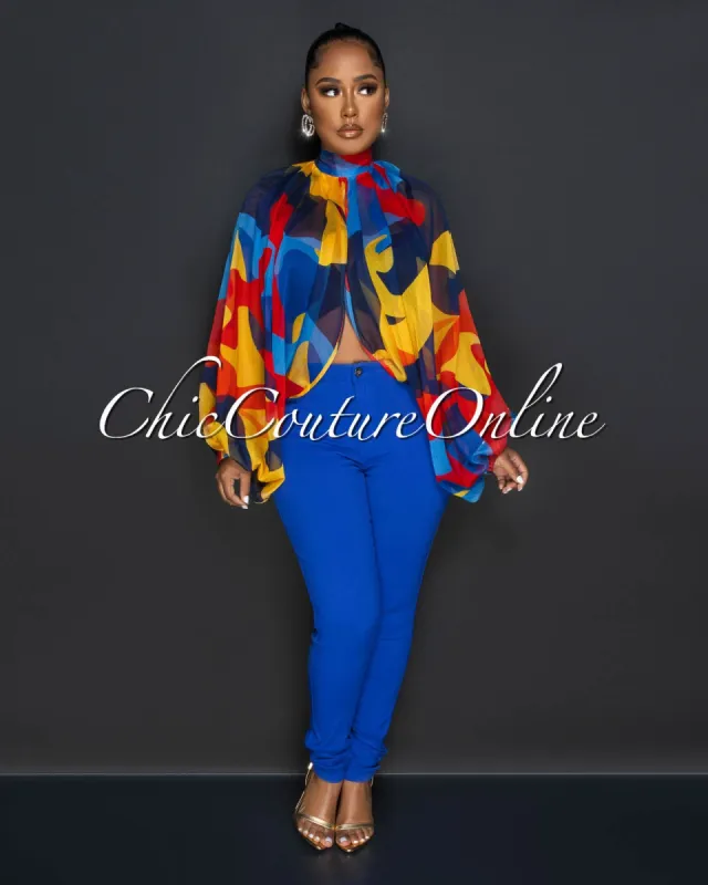 Maurice Blue Red Yellow Print Sheer Flowy Top sold by Chic Couture
