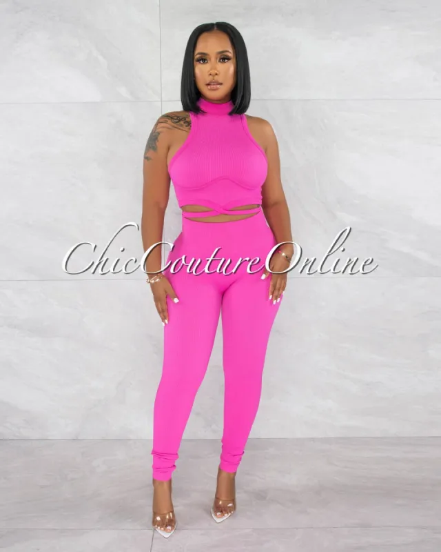 Gania Hot Pink Ribbed Tie Top & Leggings Sculpting Set sold by Chic Couture