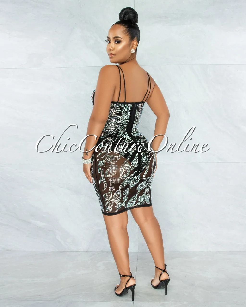 *Lessa Black Iridescent Rhinestones Mesh Bodysuit Dress sold by Chic Couture product image thumbnail 4