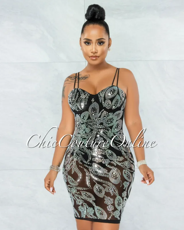 *Lessa Black Iridescent Rhinestones Mesh Bodysuit Dress sold by Chic Couture