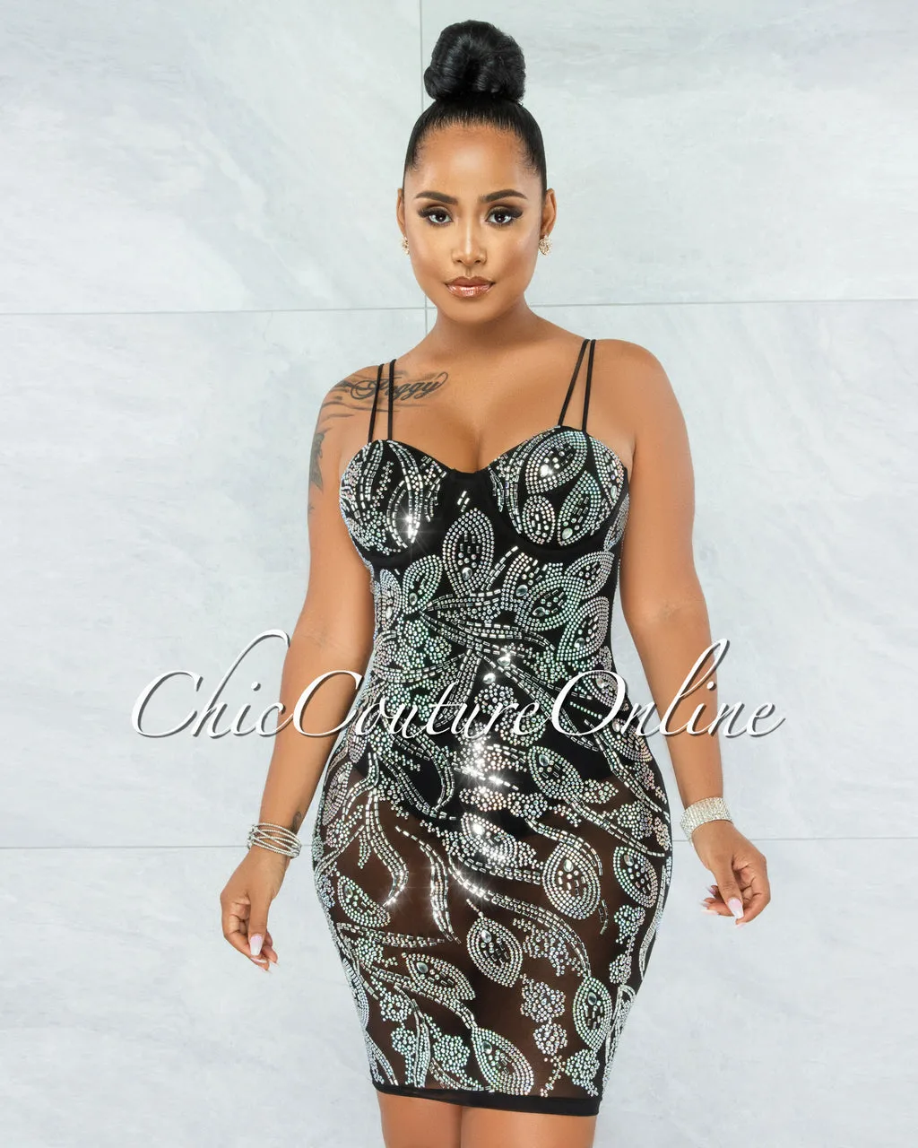 *Lessa Black Iridescent Rhinestones Mesh Bodysuit Dress sold by Chic Couture