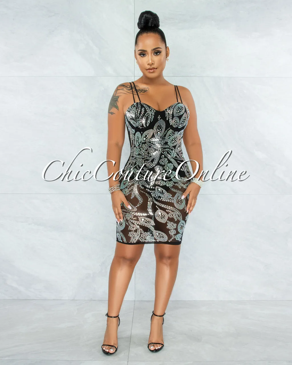 *Lessa Black Iridescent Rhinestones Mesh Bodysuit Dress sold by Chic Couture product image thumbnail 2