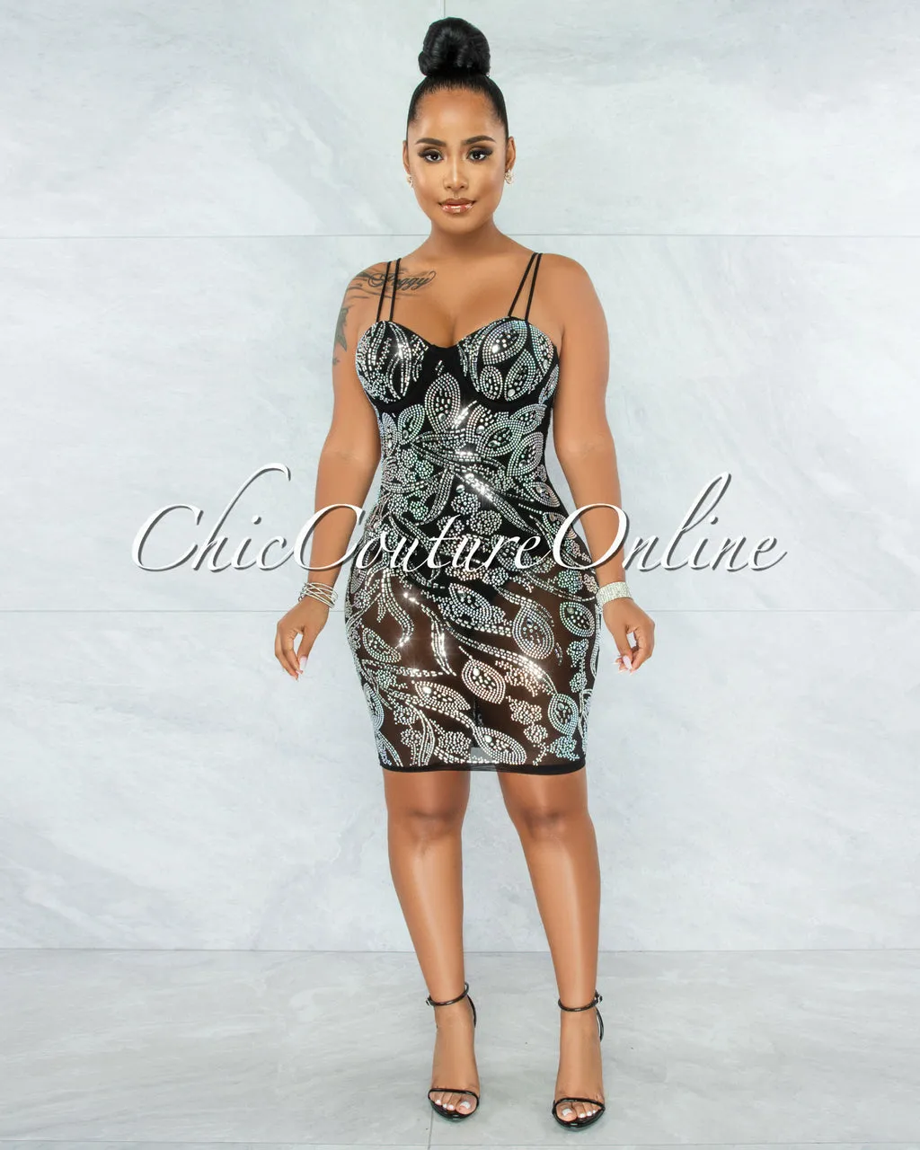 *Lessa Black Iridescent Rhinestones Mesh Bodysuit Dress sold by Chic Couture product image thumbnail 3