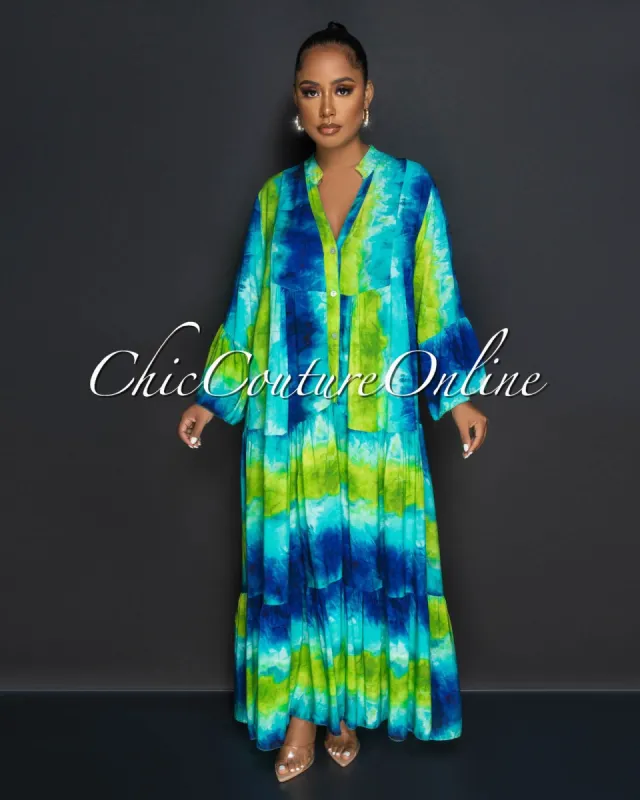 *Frances Green Blue Ruffle Hem Maxi Dress sold by Chic Couture
