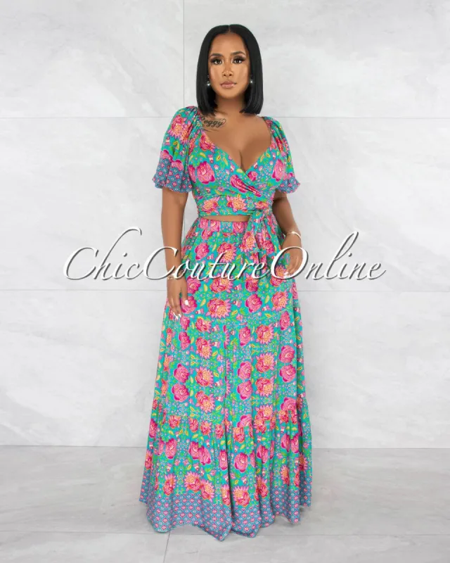 Marcelle Green Fuchsia Print Tie Top & Maxi Skirt Set sold by chic
