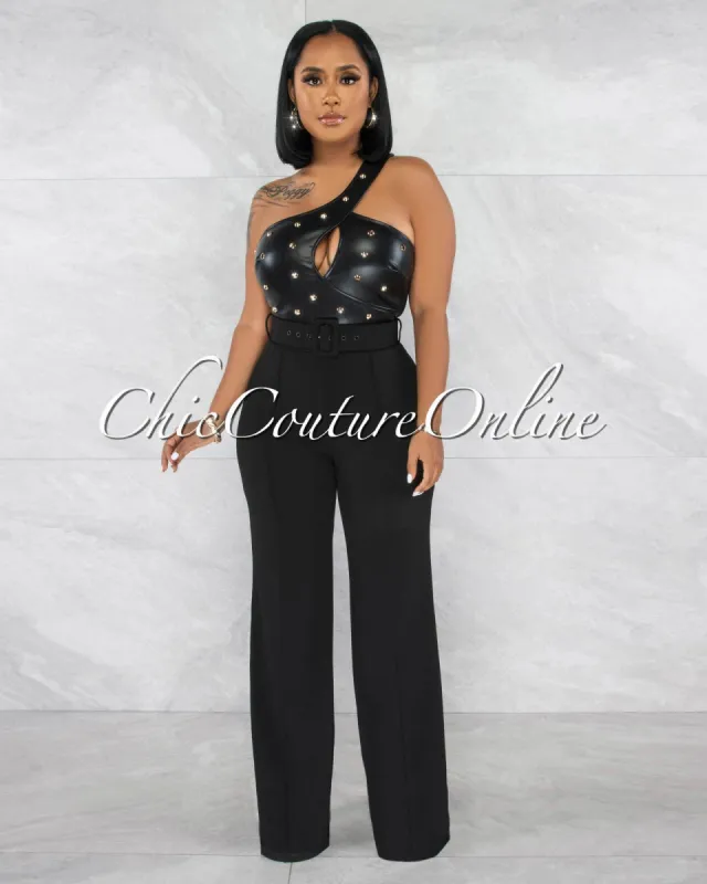 Jackie Black Vegan Leather Gold Snaps Top Belted Jumpsuit sold by Chic Couture