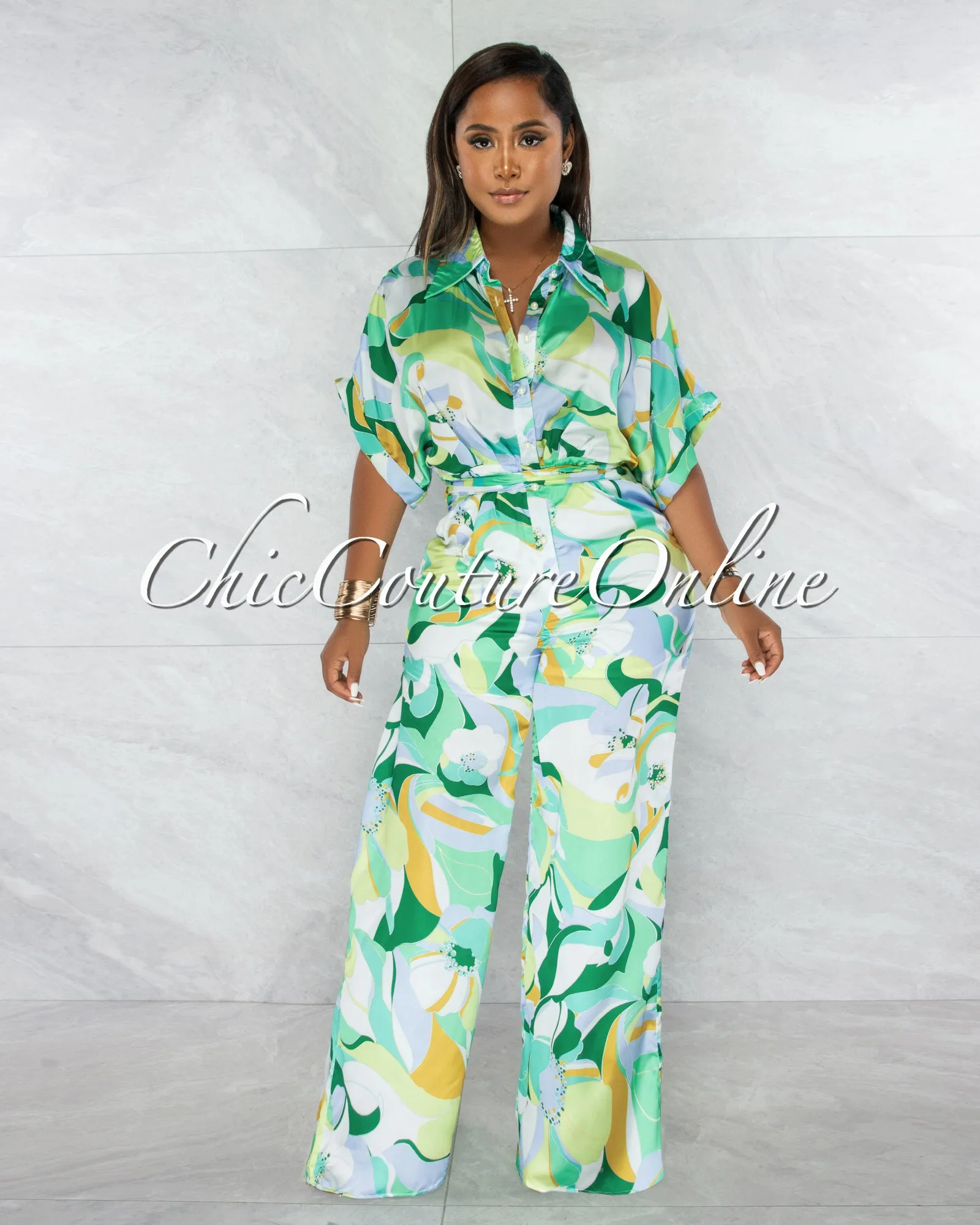 *Tanysa Green Floral Print Waist Tie Silky Jumpsuit sold by Chic Couture