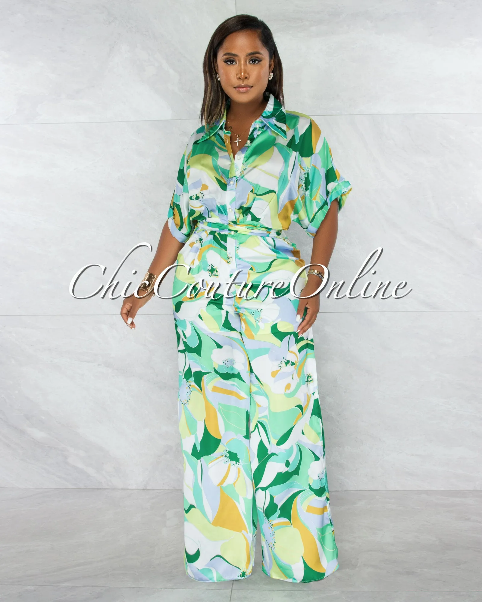 *Tanysa Green Floral Print Waist Tie Silky Jumpsuit sold by Chic Couture product image thumbnail 2