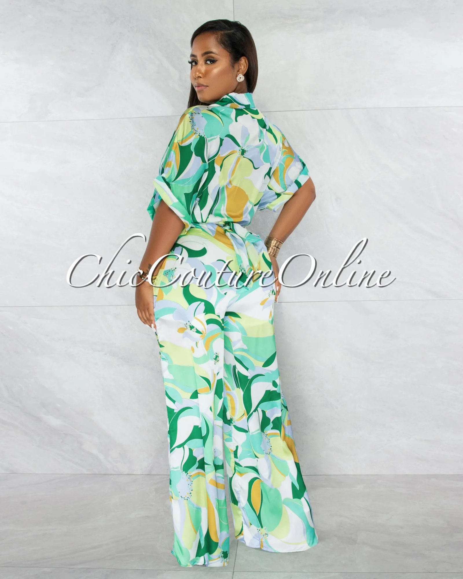 *Tanysa Green Floral Print Waist Tie Silky Jumpsuit sold by Chic Couture product image thumbnail 3