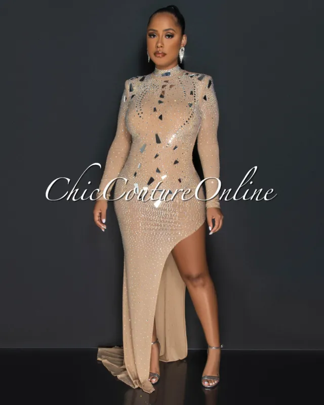 *Dabney Nude Mirrors & Rhinestones Leg Slit Bodysuit Maxi Dress sold by Chic Couture