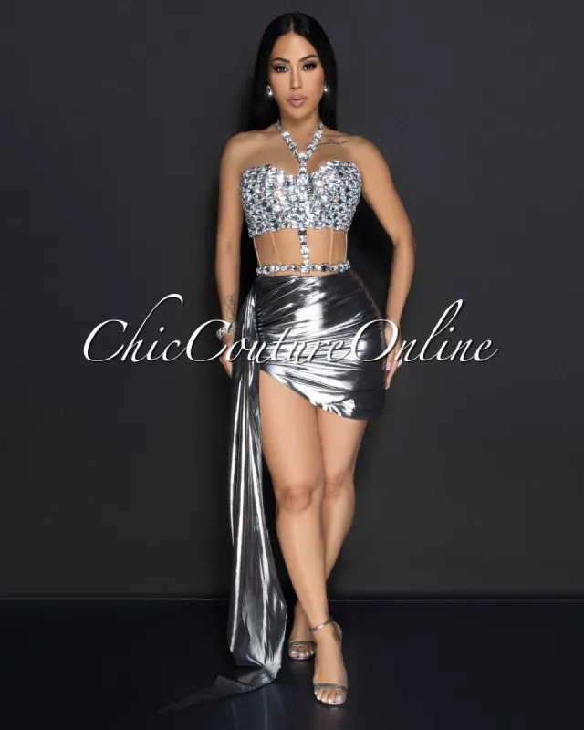 Kaeli Silver Rhinestones Bustier & Draped Skirt Set sold by Chic Couture