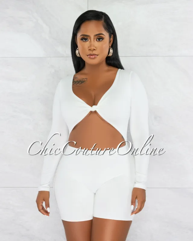 *Ligia Off-White Front Knot Cut-Out Double Lined Romper sold by Chic Couture