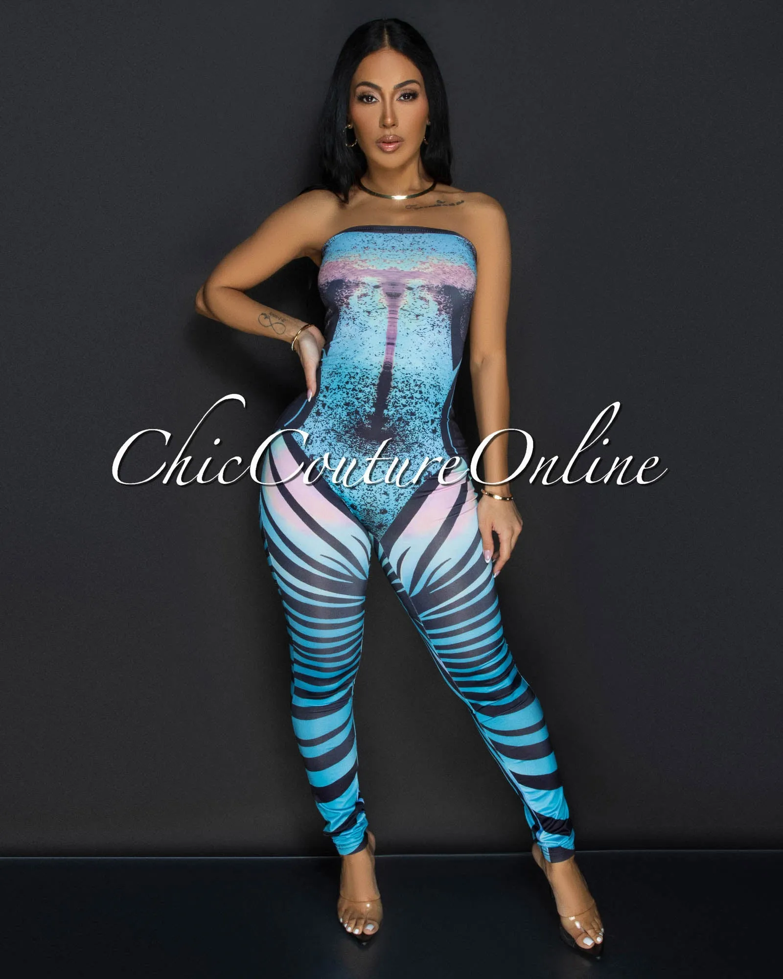 *Kyana Blue Black Strapless Bodycon Jumpsuit sold by Chic Couture product image thumbnail 2