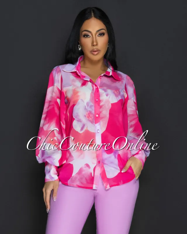 Yumi Fuchsia Lilac Long Sleeves Sheer Blouse sold by Chic Couture