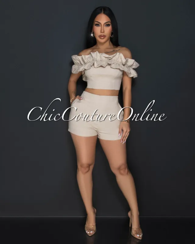 Drea Khaki Ruffle Strapless Crop Top & Shorts Set sold by Chic Couture