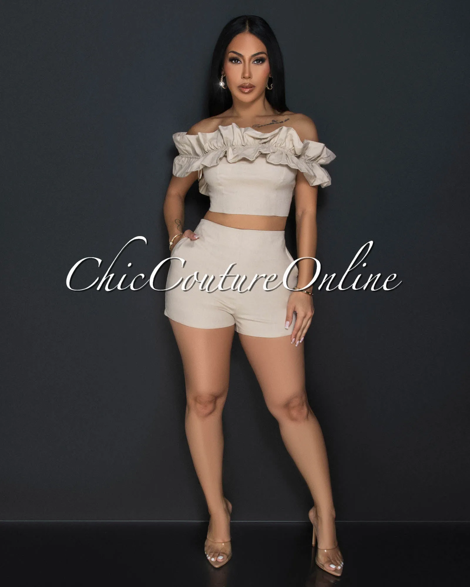 Drea Khaki Ruffle Strapless Crop Top & Shorts Set sold by Chic Couture