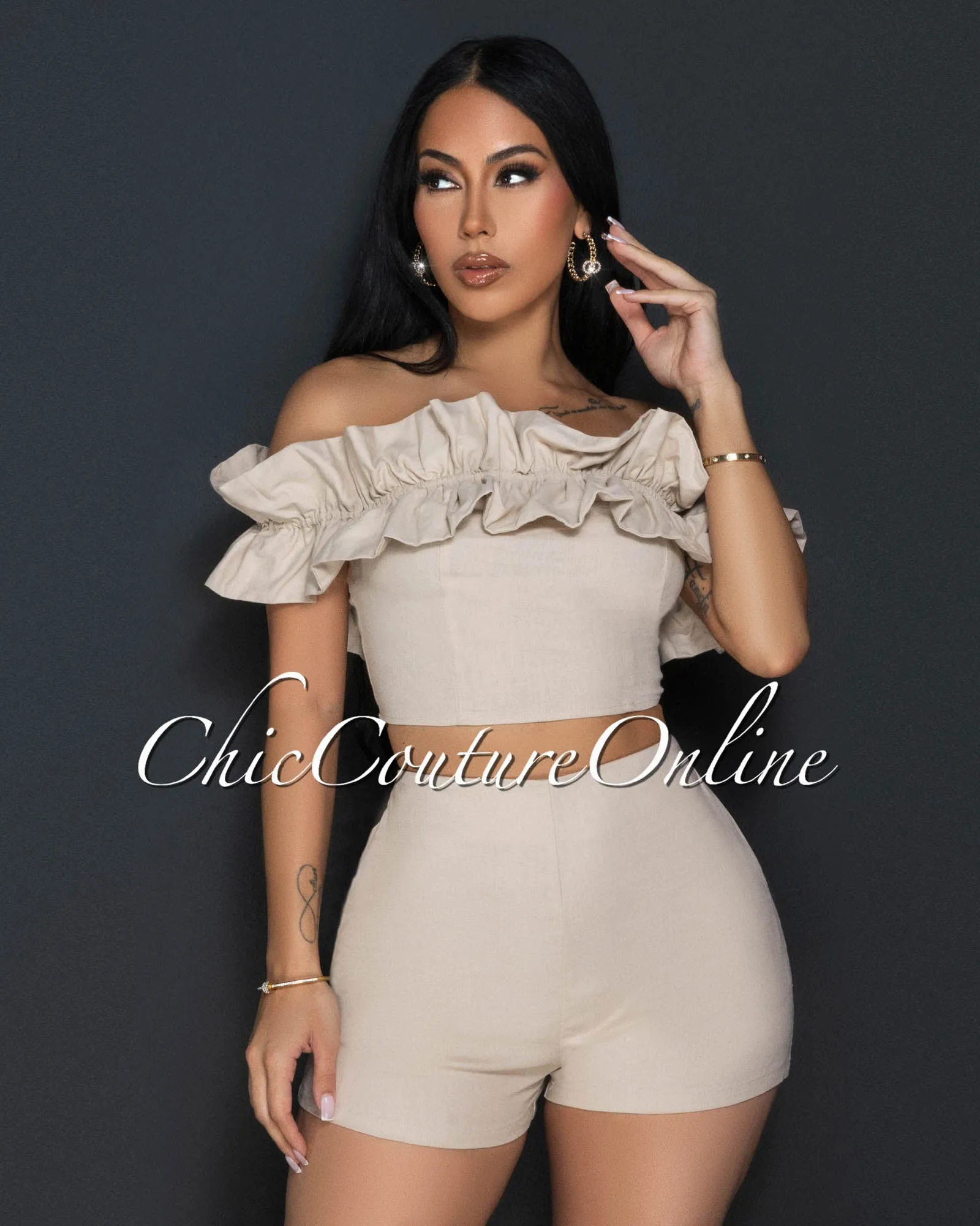 Drea Khaki Ruffle Strapless Crop Top & Shorts Set sold by Chic Couture product image thumbnail 3