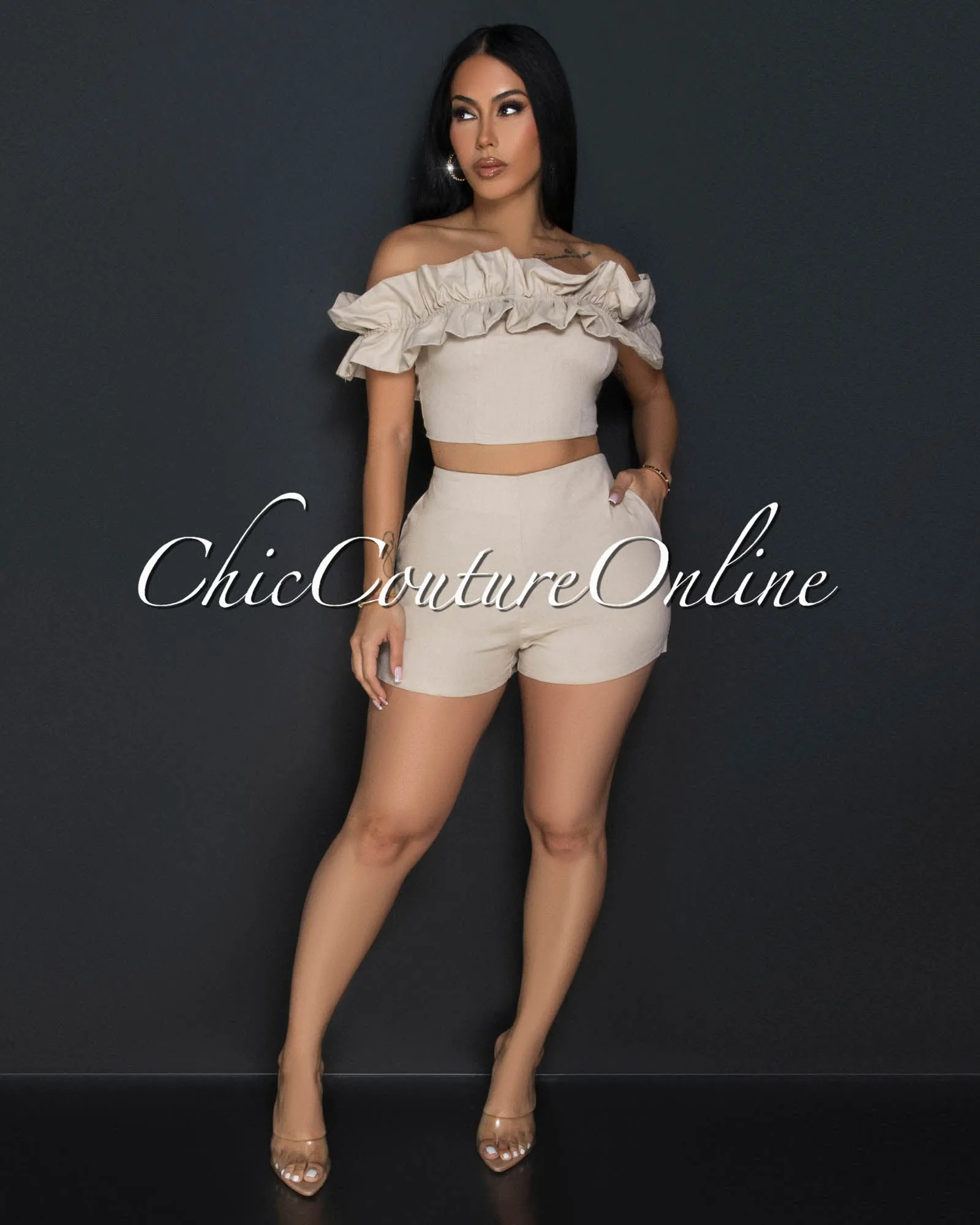 Drea Khaki Ruffle Strapless Crop Top & Shorts Set sold by Chic Couture product image thumbnail 2