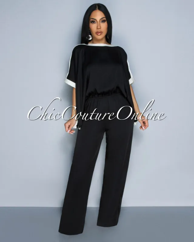 Vedette Black Off-White Wide Sleeves & Legs Jumpsuit sold by Chic Couture