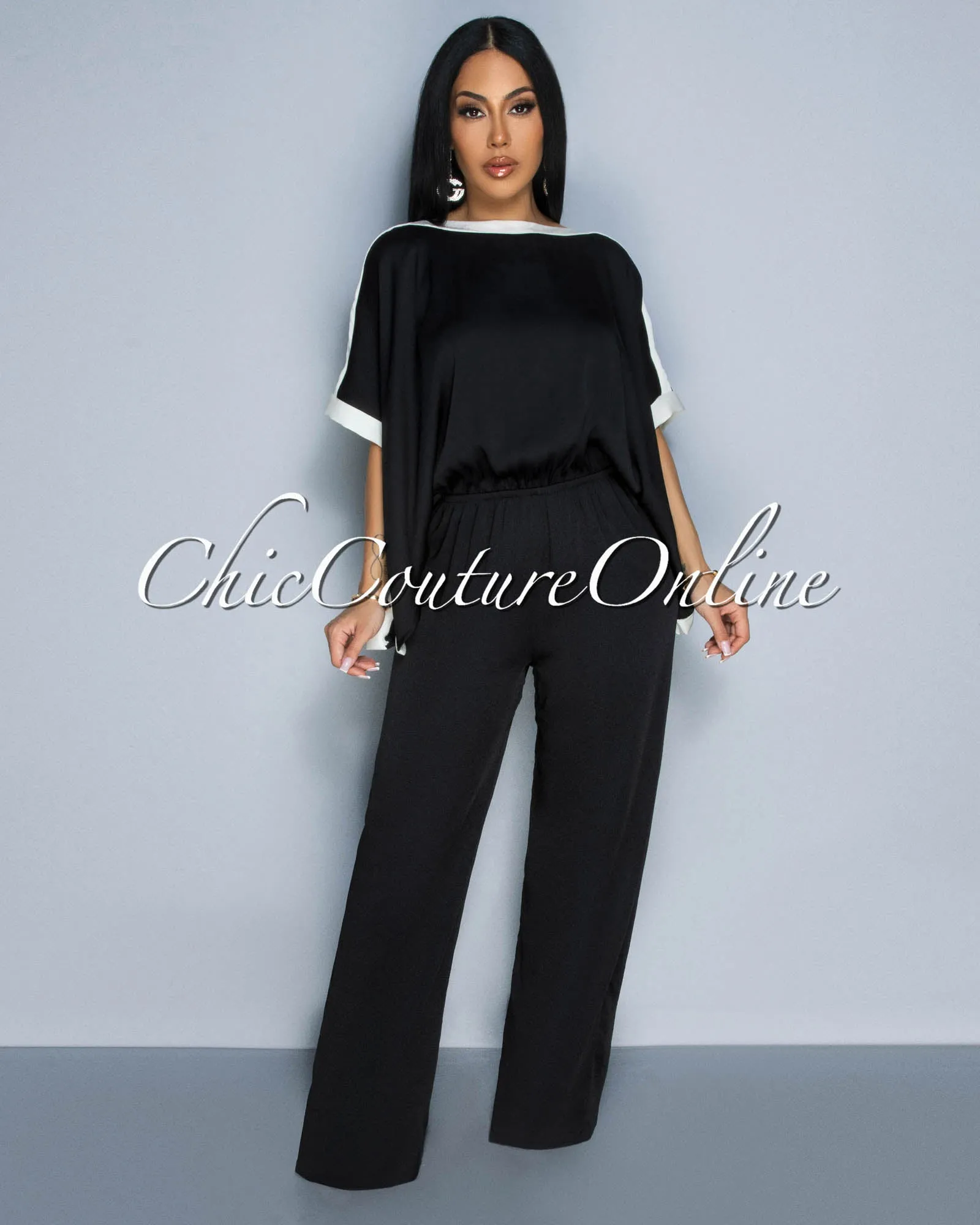 *Vedette Black Off-White Wide Sleeves & Legs Jumpsuit sold by Chic Couture