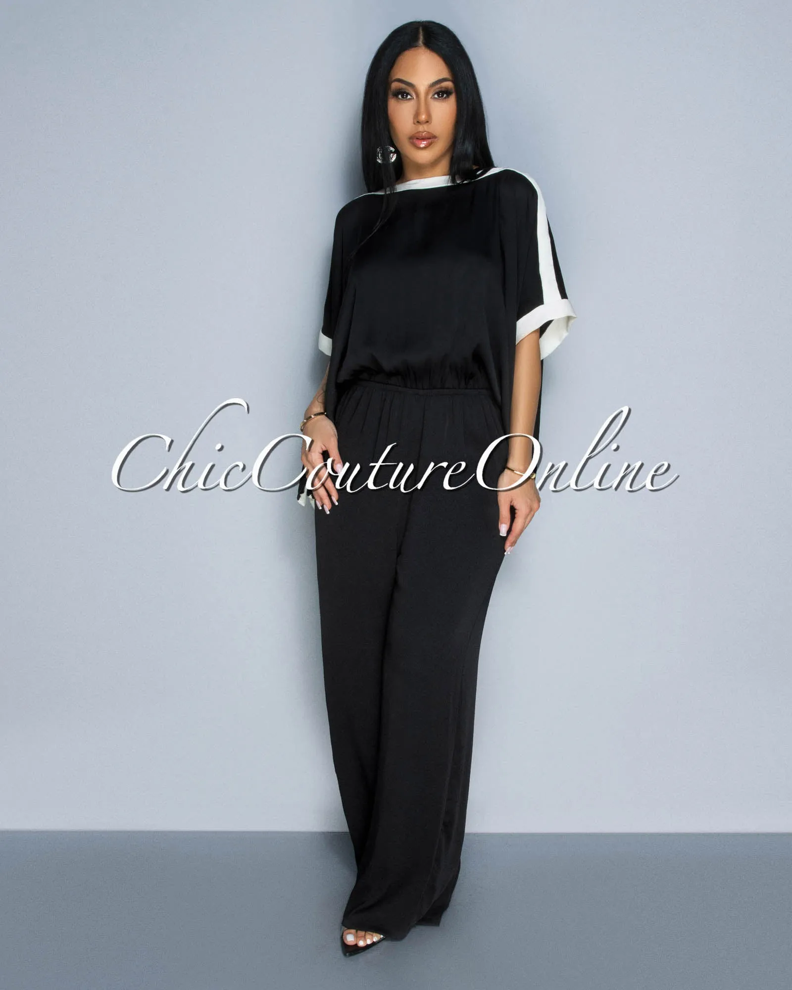 *Vedette Black Off-White Wide Sleeves & Legs Jumpsuit sold by Chic Couture product image thumbnail 2
