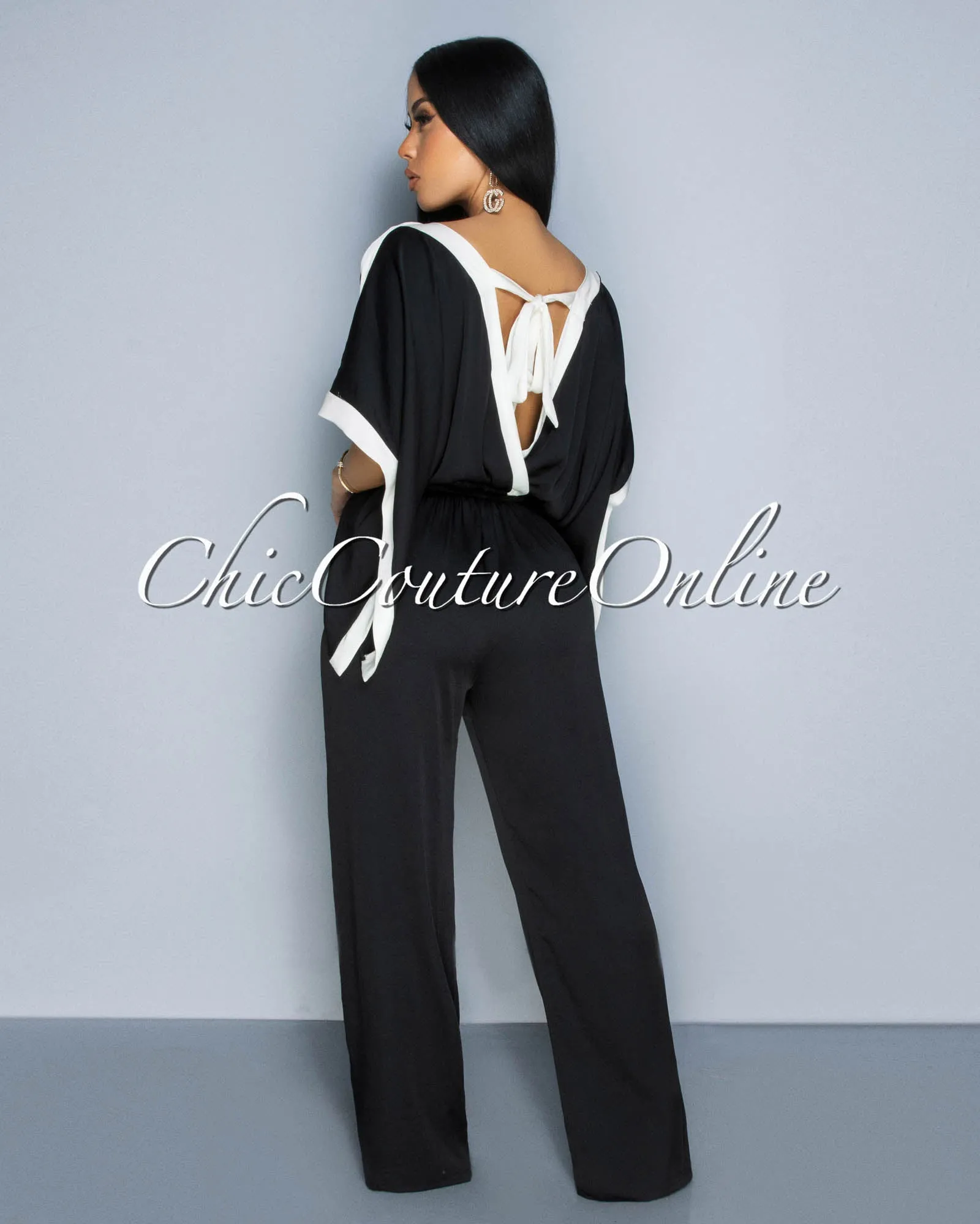 *Vedette Black Off-White Wide Sleeves & Legs Jumpsuit sold by Chic Couture product image thumbnail 3