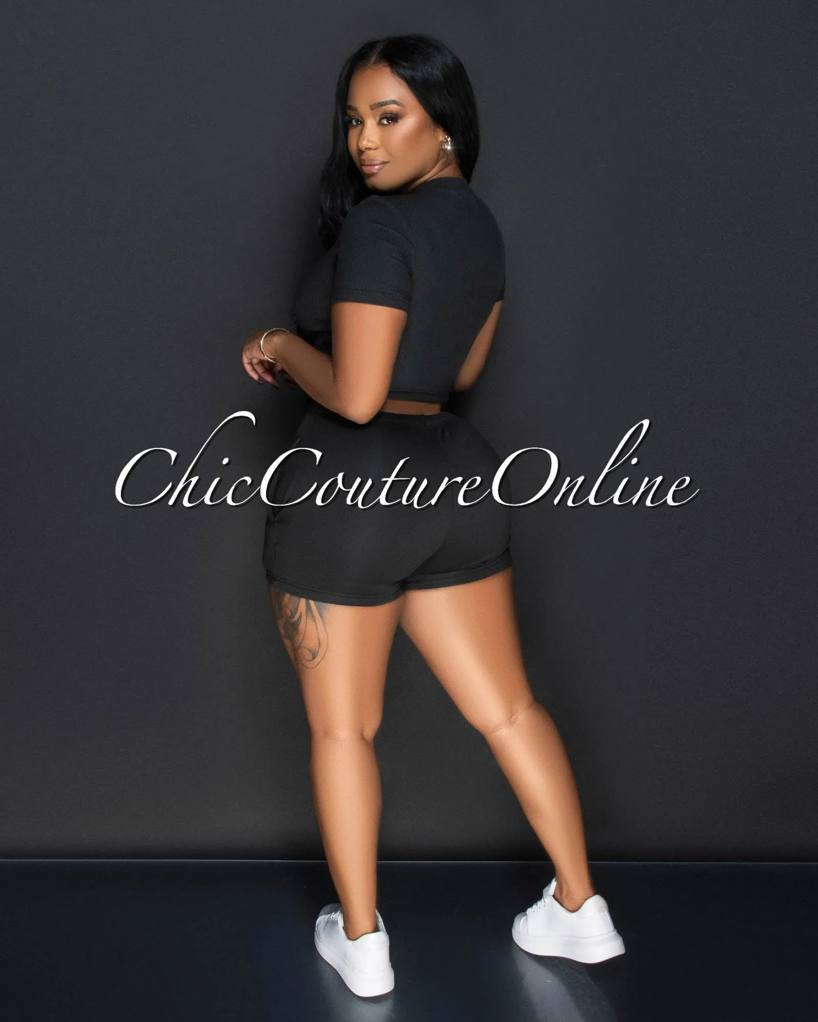 Monola Black Ribbed Crop Top & Shorts Set sold by Chic Couture product image thumbnail 2