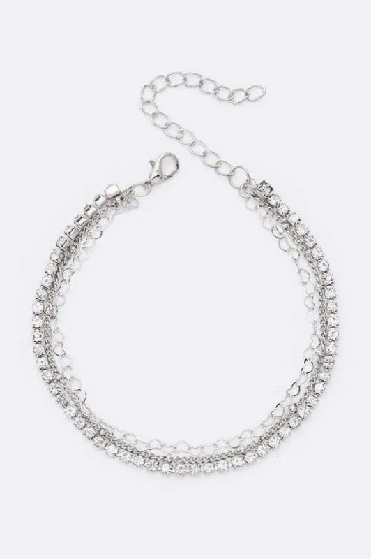 Mona Silver Layered Rhinestone Mix Chain Anklet Set sold by chic