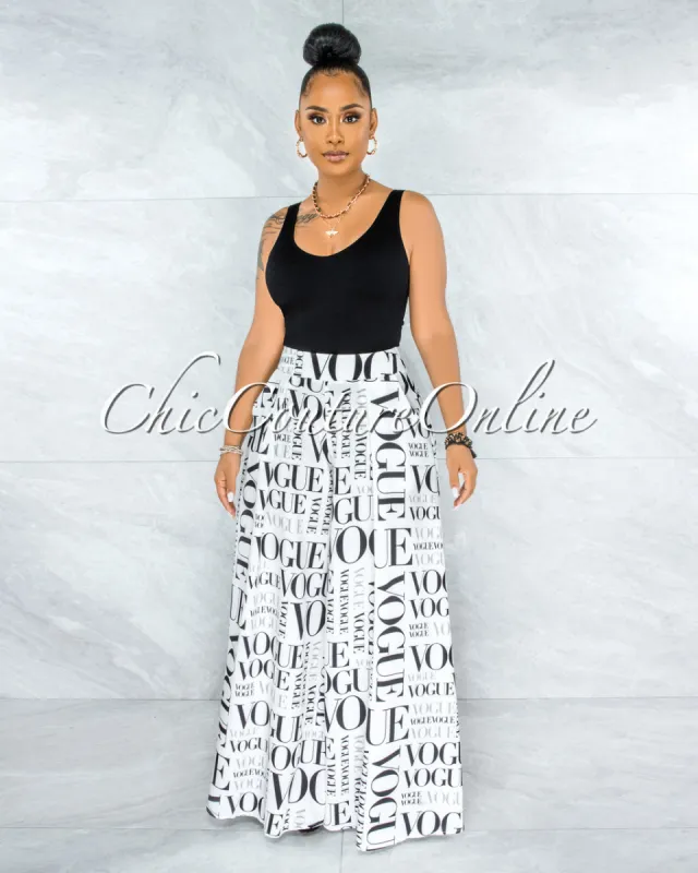 Nalia Off-White Black 'VOGUE' Print Pleated Wide Pants sold by Chic Couture