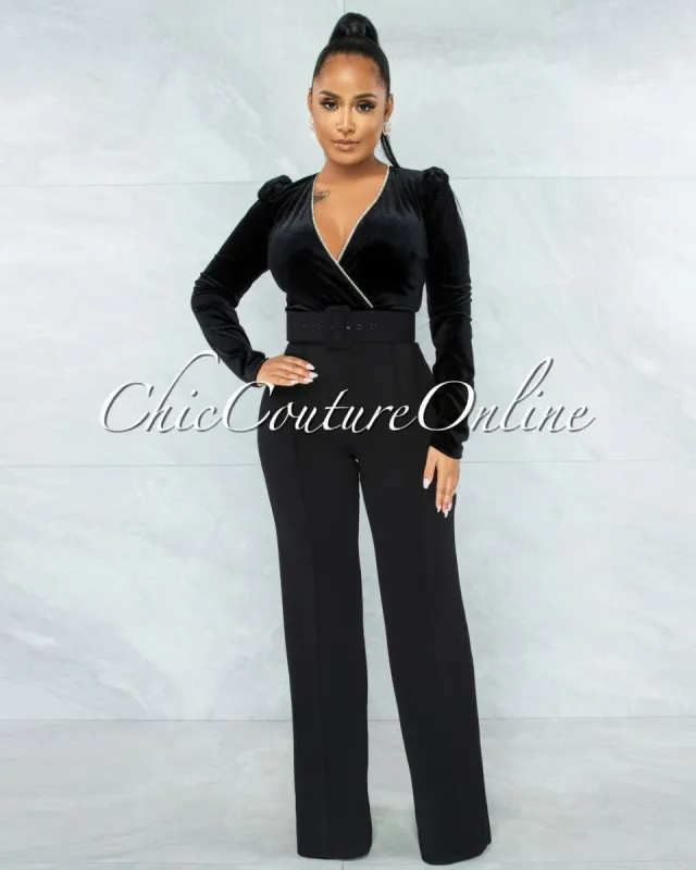 Lapis Black Velvet Rhinestones Details Top Belt Jumpsuit sold by chic