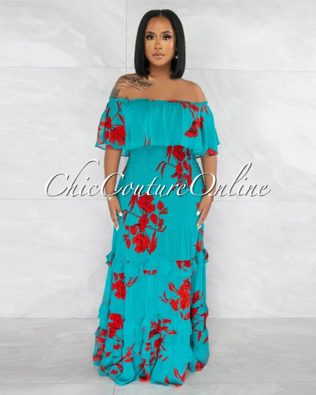 Ruth Green Red Print Off-The Shoulders Ruffle Maxi Dress sold by Chic Couture