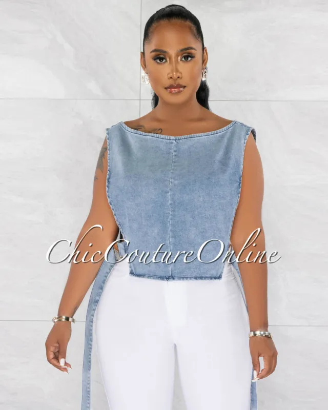 Nalia Light Denim Open Sides Back Gold Link Top sold by Chic Couture