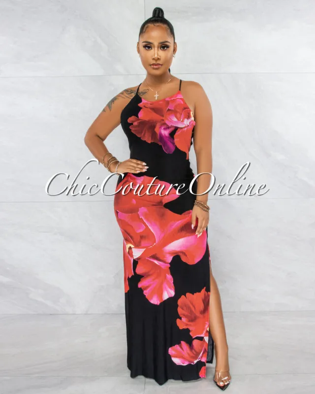 *Primola Black Red Rose Print Back Strappy Maxi Dress sold by Chic Couture