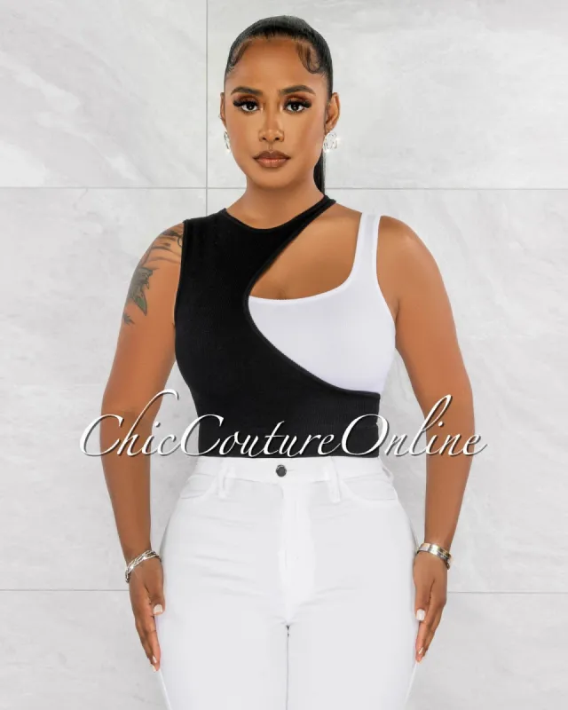 Vailey Black White Key-Hole Ribbed Top sold by Chic Couture
