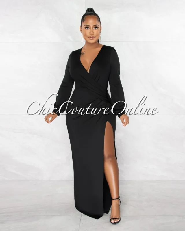*Camelia Black Drape Side Slit Maxi Dress sold by Chic Couture